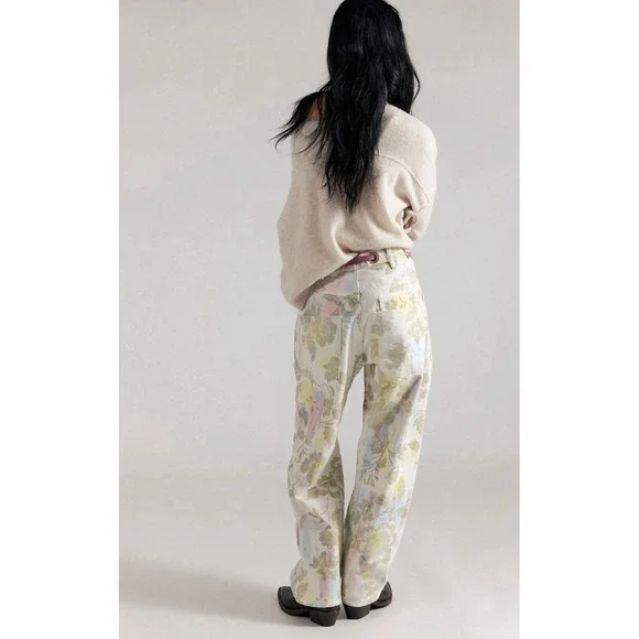Free People Moxie Printed Floral Flocked Ivory Barrel Boyfriend Jeans 29 NWT